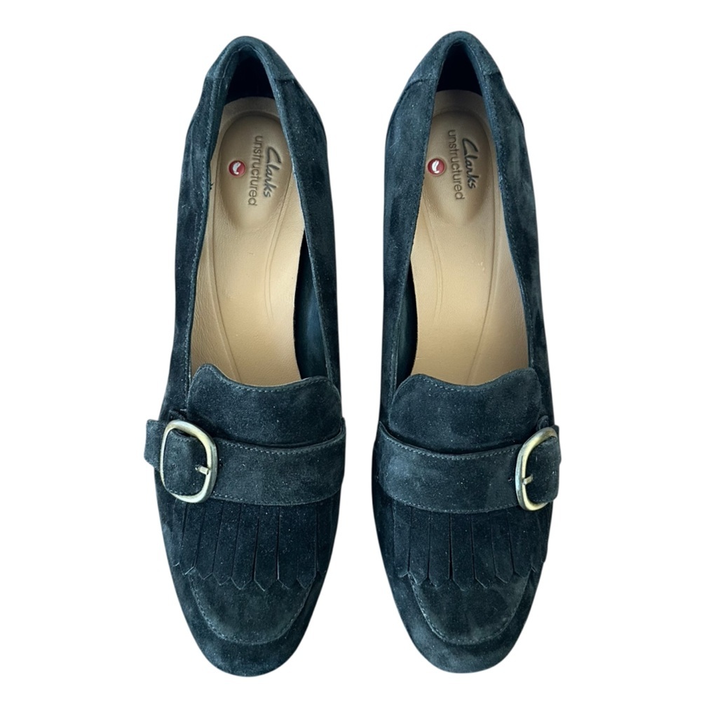 Clarks Black Suede Block Heel Loafers with Buckle - Picture 4 of 9